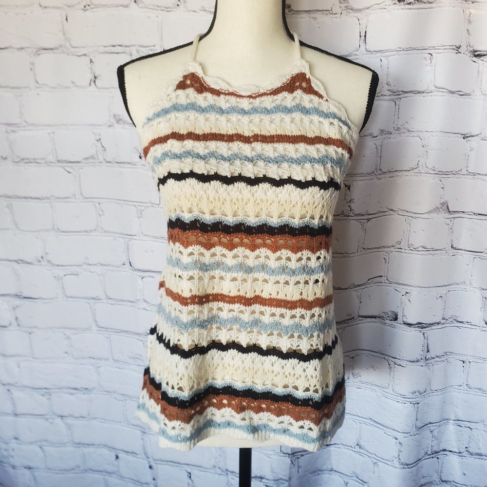 Rock and Roll Denim Knitted Halter Tank, Tie neck and Back, Strip Multi Color